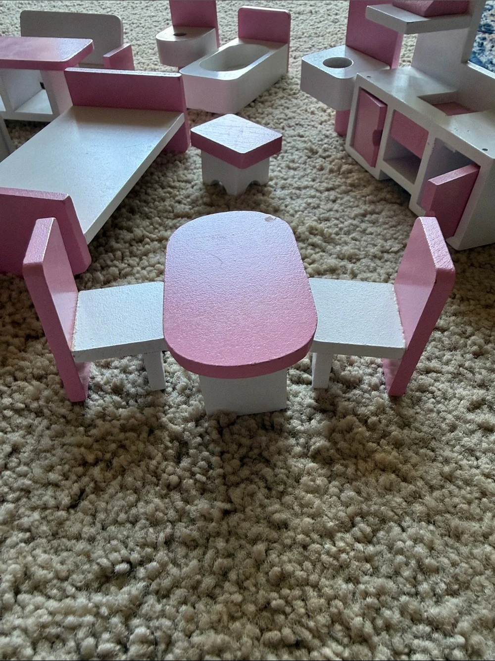 Pink and White Wooden Dollhouse Furniture Set - Missing Lamp